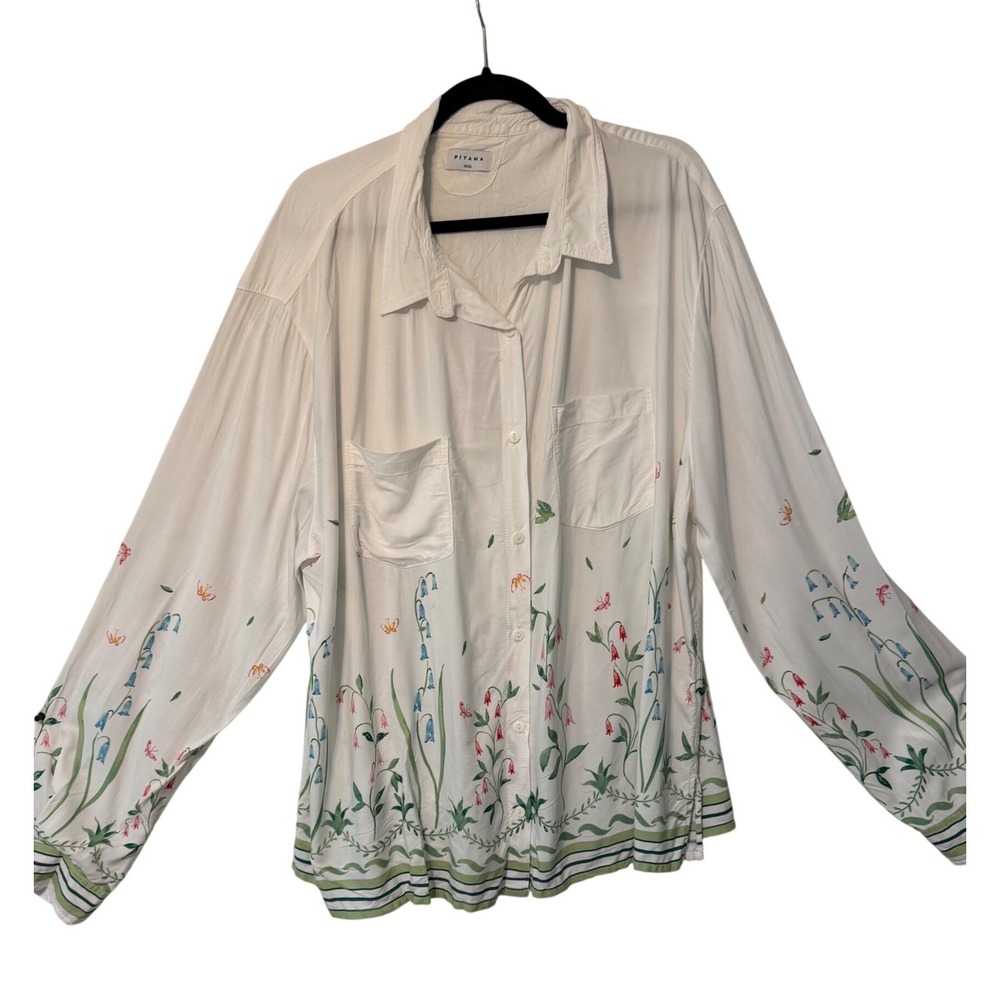 Piyama Floral Button Down Shirt Womens XXXL White Rayon Botanical Boho Oversized